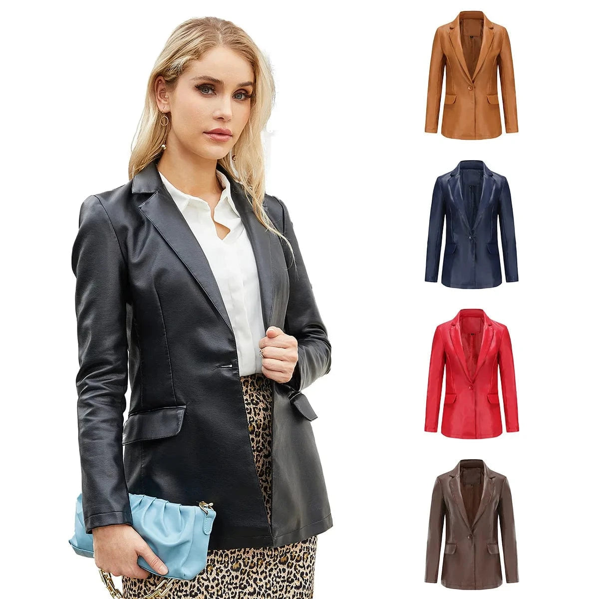 2024 New Europe and the United States Small Suit Long Sleeve Coat Women's Single Button Casual Solid Color Leather Coat