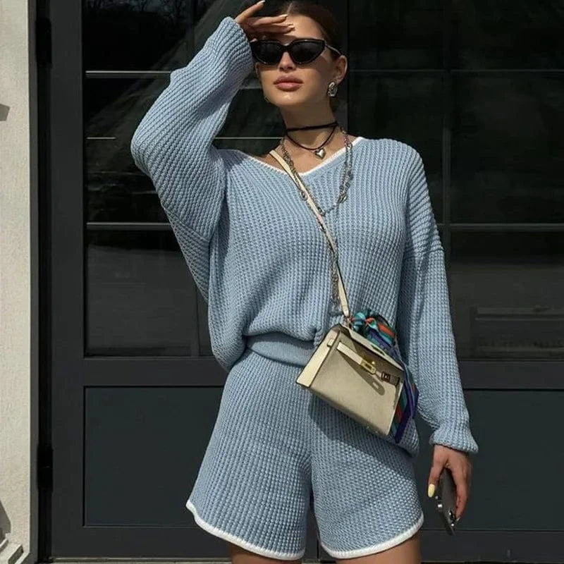 2024 New European and American fashion suit loose long sleeve wide collar blouse casual shorts two-piece set