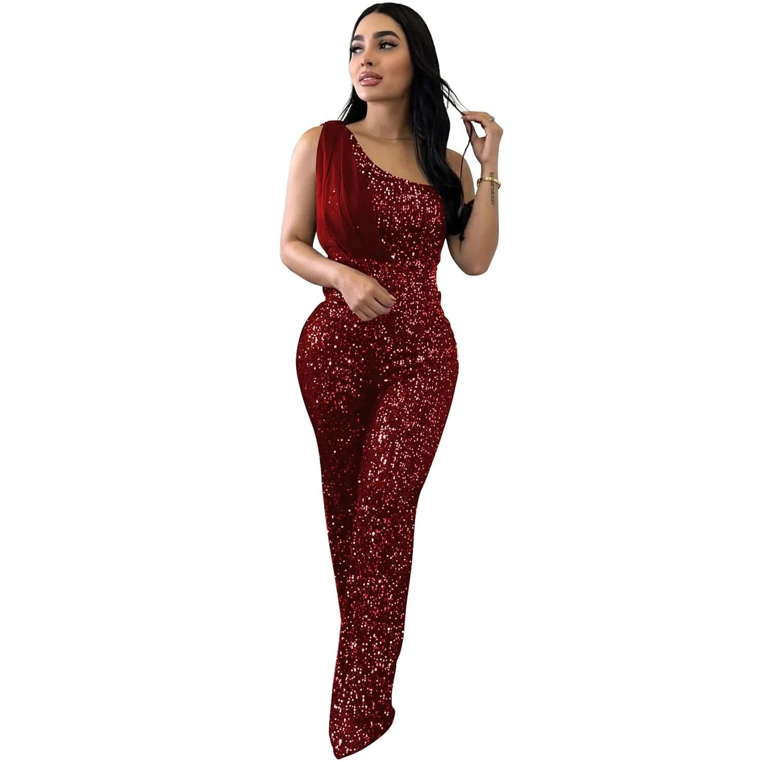 2024 New European and American Fashion Women's Solid Color Sleeveless Single Shoulder Sequin Pants Women Jumpsuit