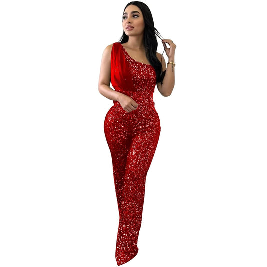 2024 New European and American Fashion Women's Solid Color Sleeveless Single Shoulder Sequin Pants Women Jumpsuit