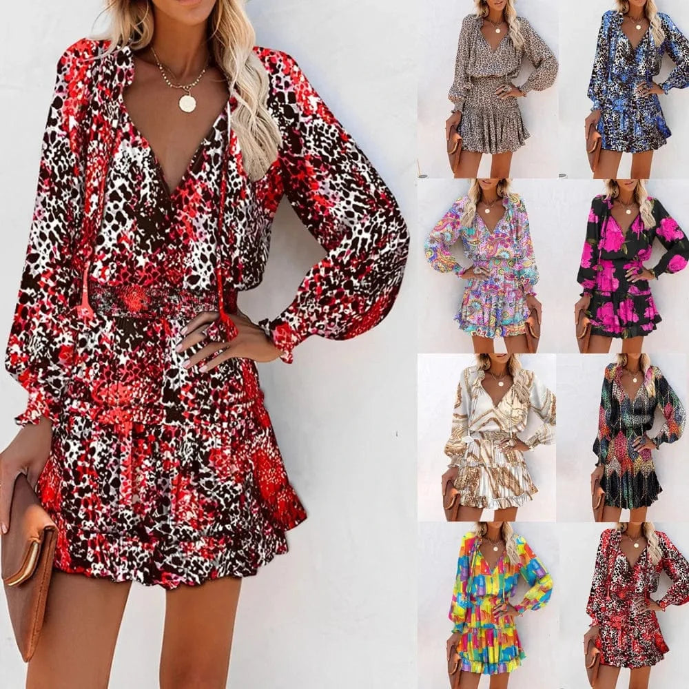 2024 New European Women Summer Long Sleeve V-neck Dress Pencil Printed Tight Waist French Female Casual Dress