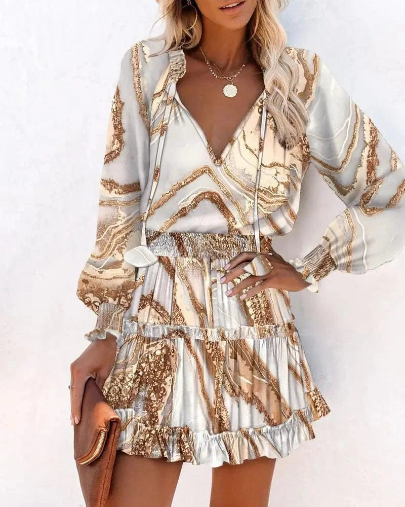 2024 New European Women Summer Long Sleeve V-neck Dress Pencil Printed Tight Waist French Female Casual Dress