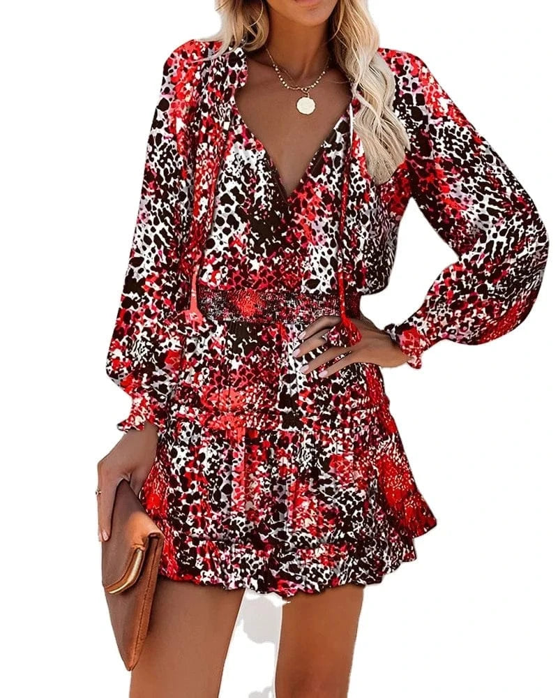2024 New European Women Summer Long Sleeve V-neck Dress Pencil Printed Tight Waist French Female Casual Dress