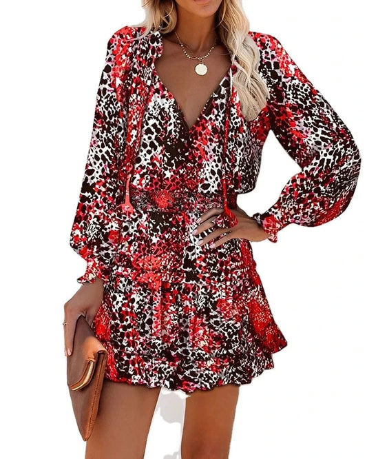 2024 New European Women Summer Long Sleeve V-neck Dress Pencil Printed Tight Waist French Female Casual Dress