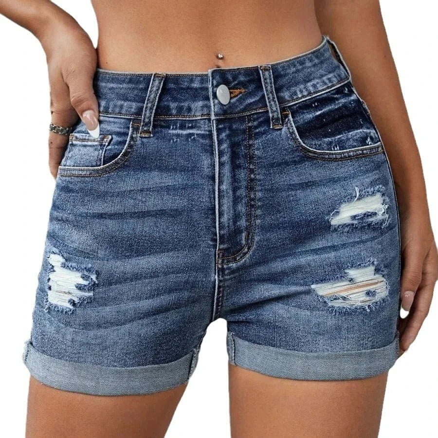 2024 New fashion All-match Elegant  High waist Hole curling pants Women's Denim shorts