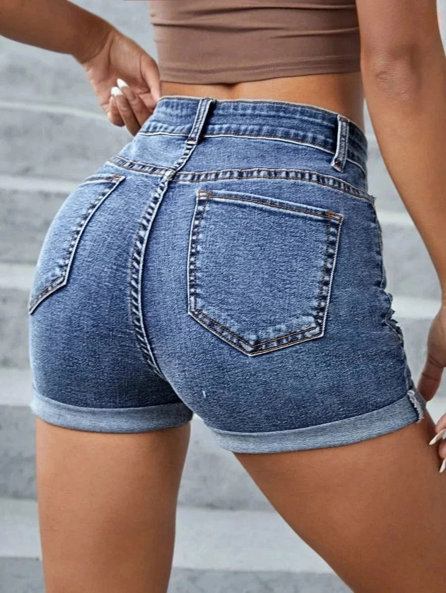2024 New fashion All-match Elegant  High waist Hole curling pants Women's Denim shorts