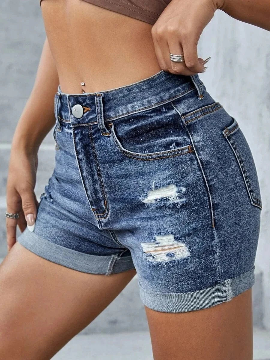 2024 New fashion All-match Elegant  High waist Hole curling pants Women's Denim shorts