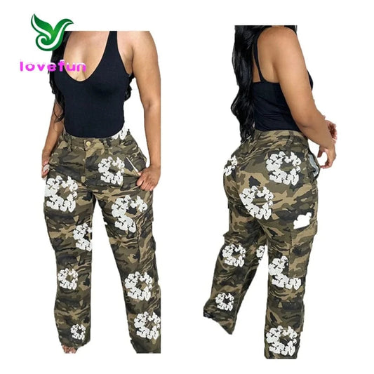 2024 New Fashion Camouflage Print Cargo Pants Women High Waist Pocket Trousers Flower Print Straight Pants