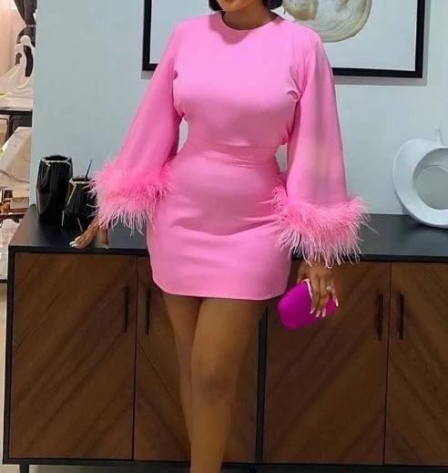 2024 New Fashion Faux Fur Flare Sleeve Dress Long Sleeve Casual Dress Solid Color Bodycon Short Dress For Women