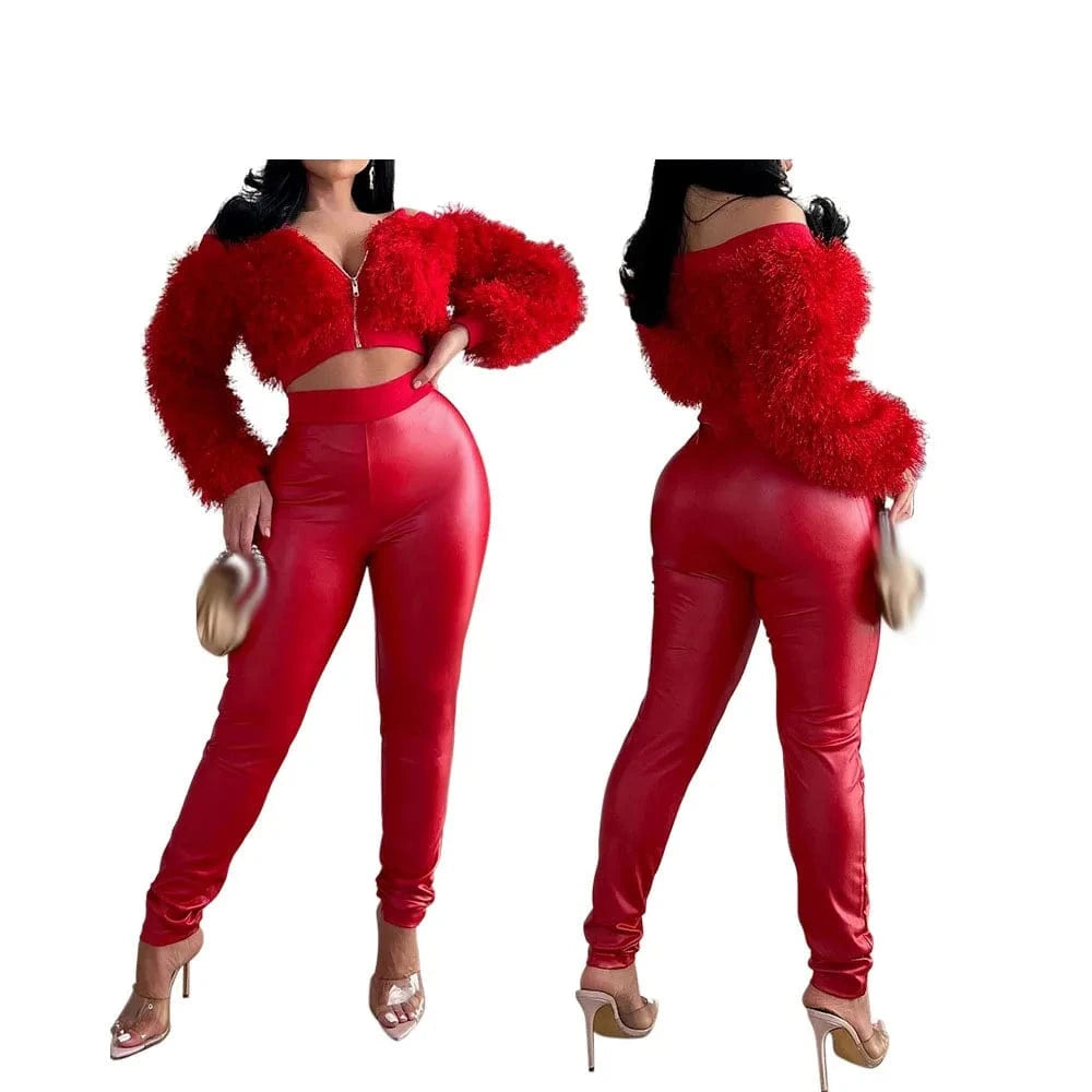 2024 New Fashion Faux Fur Tops 2 Piece Set Spring Women's Clothing Off Shoulder Crop Top+High Waist Pu Pants Set