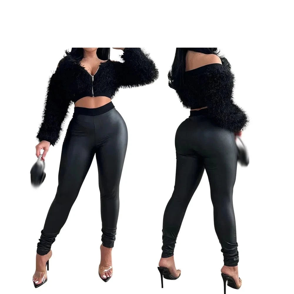 2024 New Fashion Faux Fur Tops 2 Piece Set Spring Women's Clothing Off Shoulder Crop Top+High Waist Pu Pants Set
