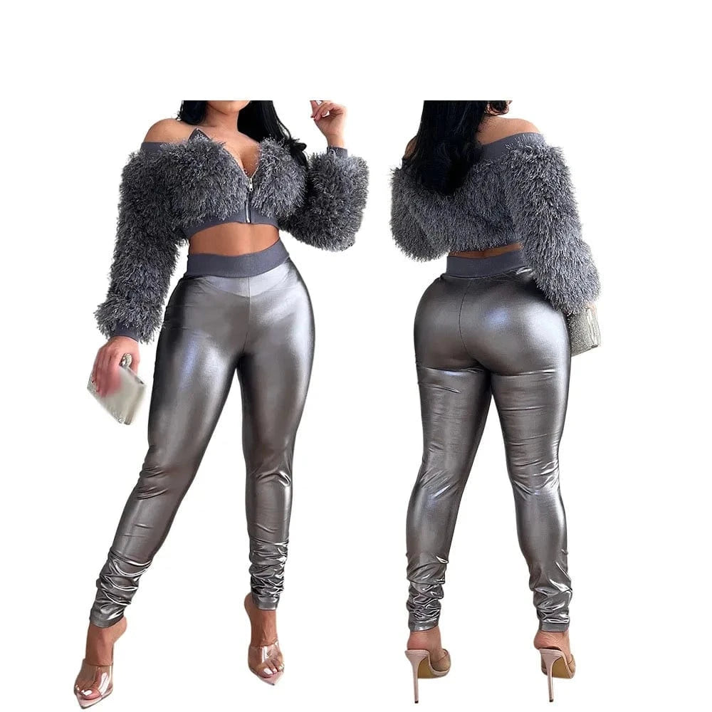 2024 New Fashion Faux Fur Tops 2 Piece Set Spring Women's Clothing Off Shoulder Crop Top+High Waist Pu Pants Set