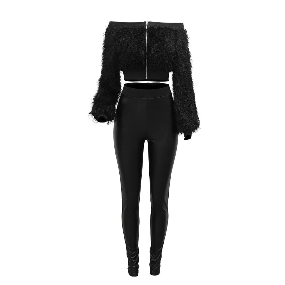 2024 New Fashion Faux Fur Tops 2 Piece Set Spring Women's Clothing Off Shoulder Crop Top+High Waist Pu Pants Set
