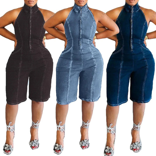2024 New Fashion Jean Women Summer Clothing Solid Color Mock Neck Half Zip Up Jumpsuit Sleeveless One Piece Stretch Denim Romper