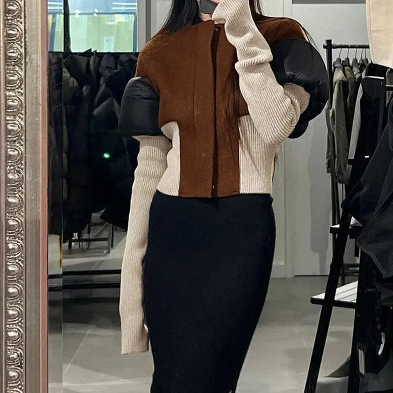 2024 New Fashion Patchwork Zip Up Coat Streetwear Slim Fit Short Jacket Trendy Winter Warm Thick Women's Coat