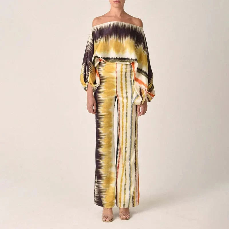 2024 New Fashion Print Dropped Shoulders Women Casual Outfit Sets long sleeve One-shoulder top with long pants set street wear