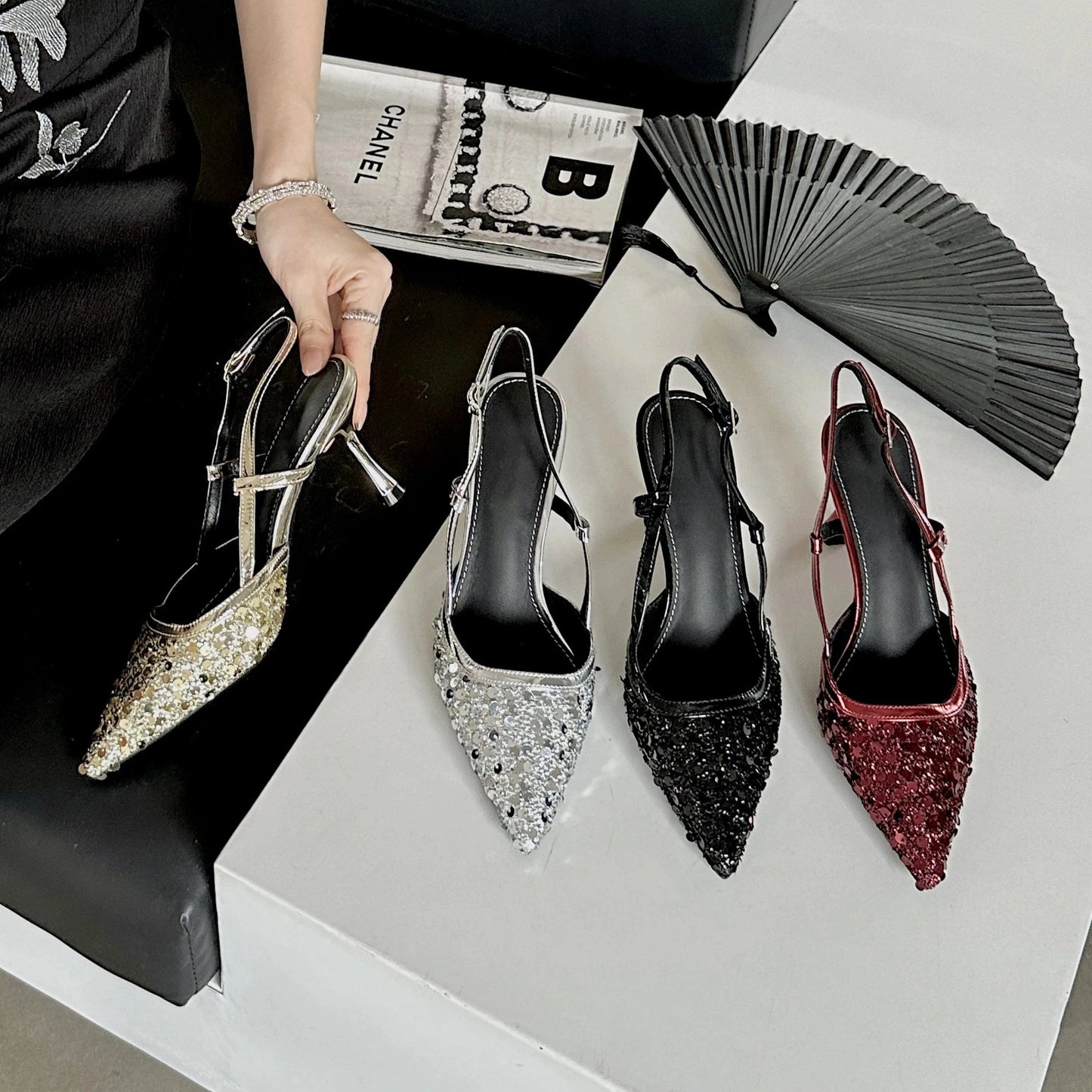 2024 new fashion sandals sequins pointed heel shoes 8.5CM high shoes hot sale