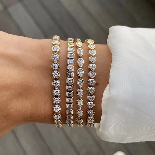 2024 New Fashion Silver Gold Plated Luxury Jewelry Bling Iced Out 5A CZ  Geometric Various Shaped Bezel Tennis Bracelet