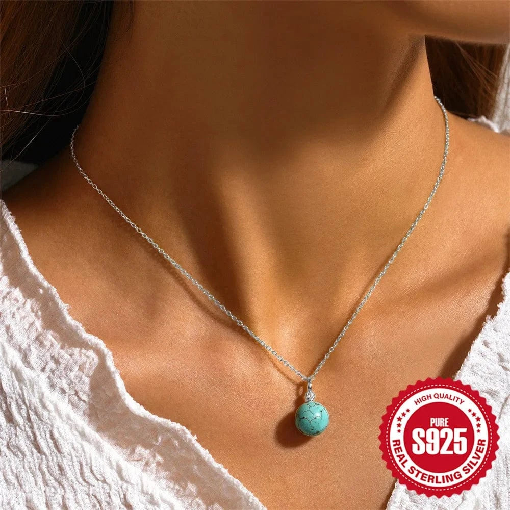 2024 new fashion silver necklace real 925 sterling silver spherical turquoise pendant necklace gold plated chain necklaces women