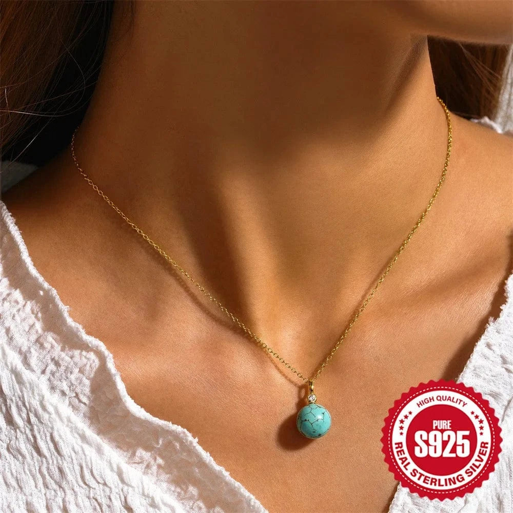 2024 new fashion silver necklace real 925 sterling silver spherical turquoise pendant necklace gold plated chain necklaces women