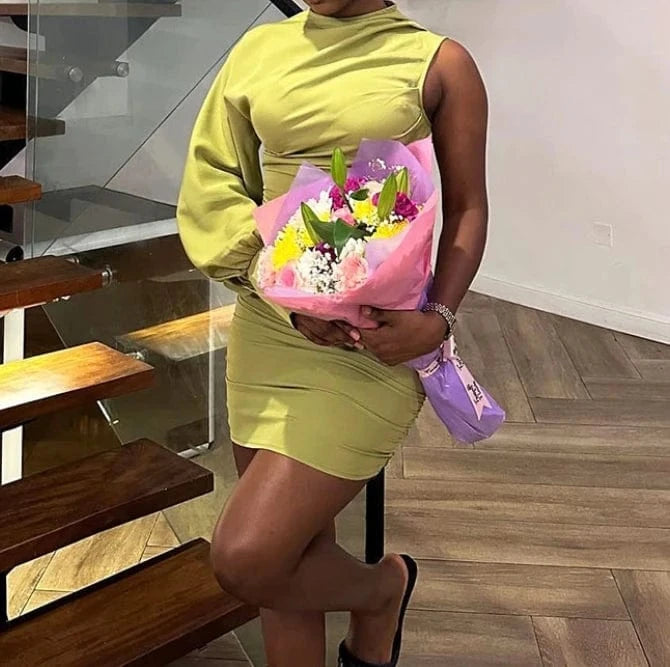 2024 New Fashion Sing Sleeve Casual Dress Women O-Neck Mini Dress Solid Color Wrinkle Bodycon Dresses