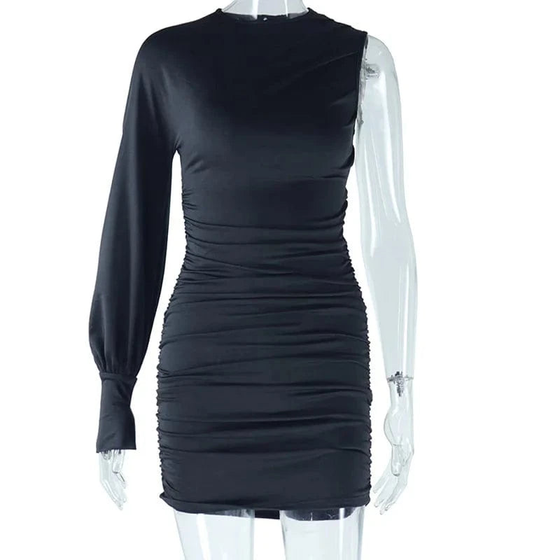 2024 New Fashion Sing Sleeve Casual Dress Women O-Neck Mini Dress Solid Color Wrinkle Bodycon Dresses