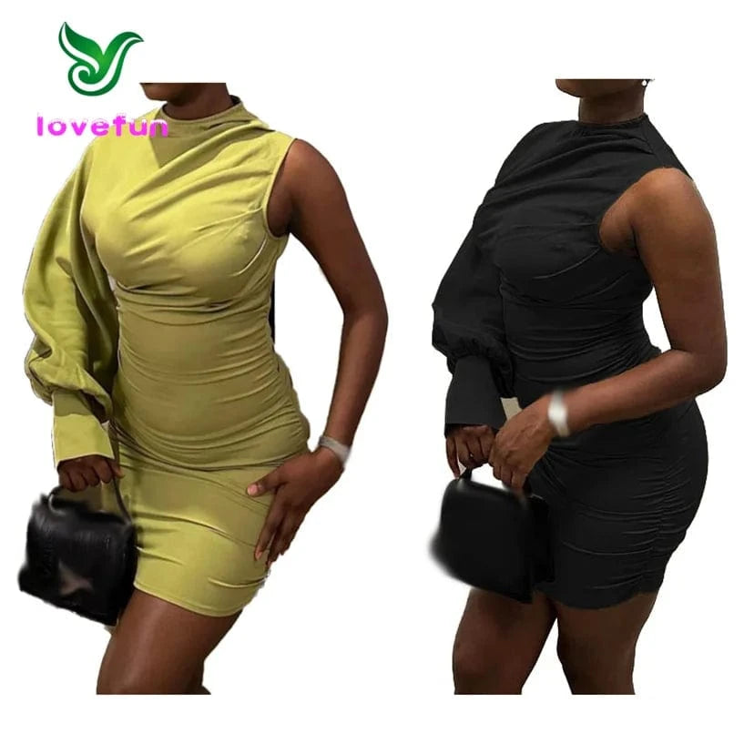 2024 New Fashion Sing Sleeve Casual Dress Women O-Neck Mini Dress Solid Color Wrinkle Bodycon Dresses