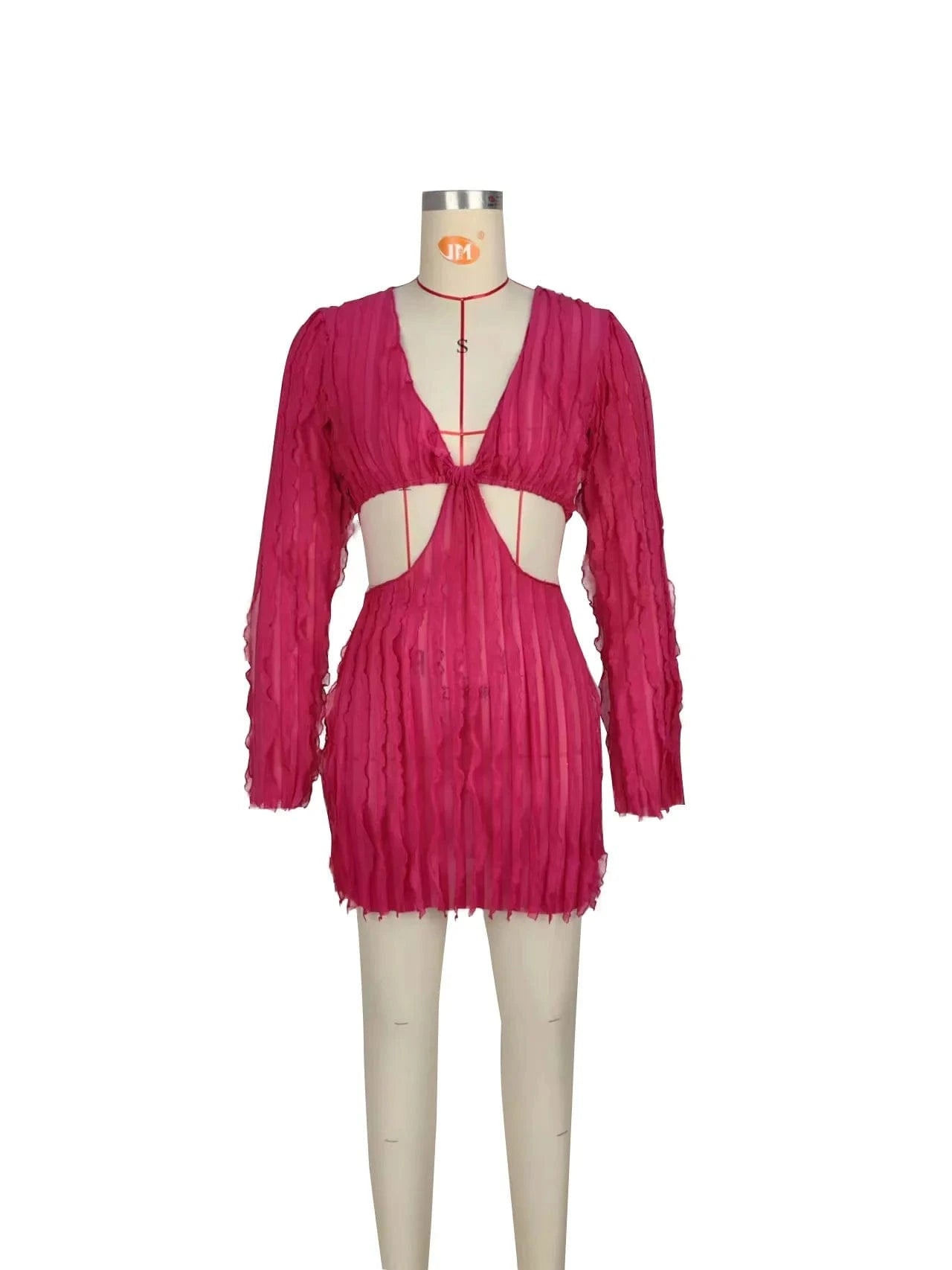 2024 New Fashion Solid V Neck Long Sleeve Hollow Out Elegant Sexy Slim Mini Dress Women Party Dress