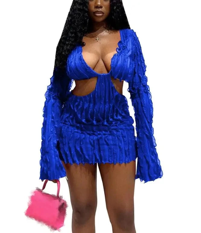 2024 New Fashion Solid V Neck Long Sleeve Hollow Out Elegant Sexy Slim Mini Dress Women Party Dress