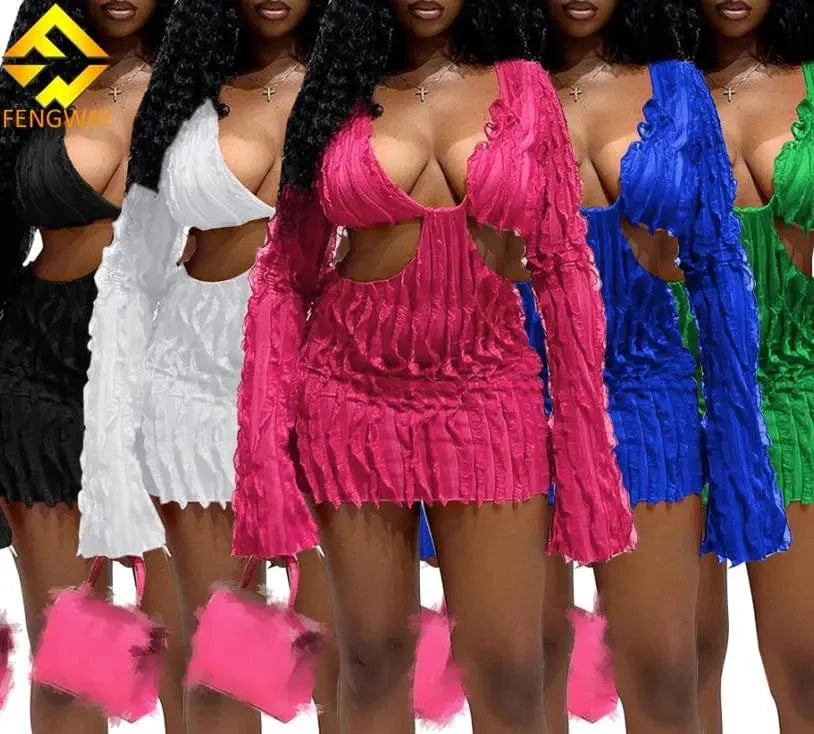 2024 New Fashion Solid V Neck Long Sleeve Hollow Out Elegant Sexy Slim Mini Dress Women Party Dress