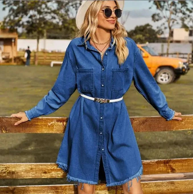 2024 New Fashion Spring Shirt Dress Best-Selling Women's Solid Color Washed Denim Loose Fitting Casual Long Sleeve Ruffled Dress