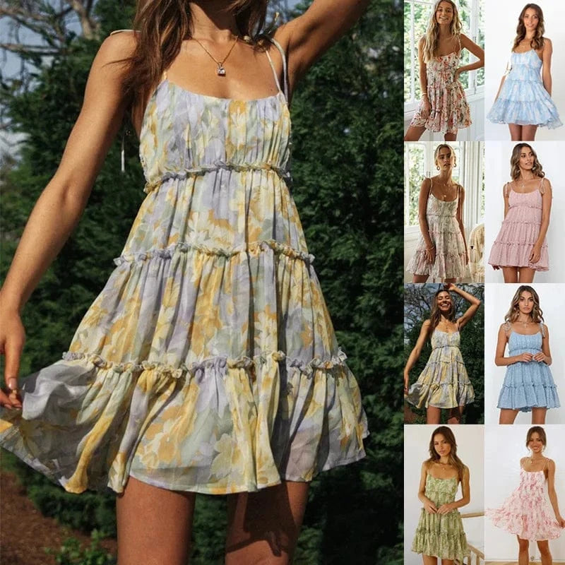 2024 New Fashion Summer Floral European Vacation Print Style Sexy Printed Suspender Sleeveless Dress