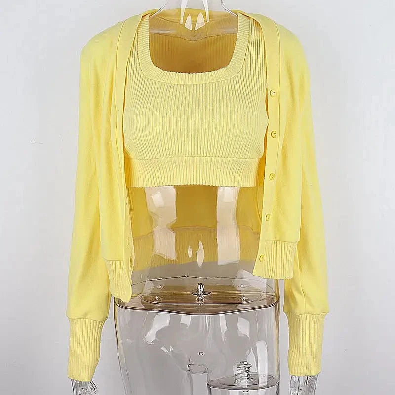 2024 New Fashion U-Neck Base Underlay V-Neck Cardigan Women Long-Sleeved Top 2 Pieces Clothing Sets