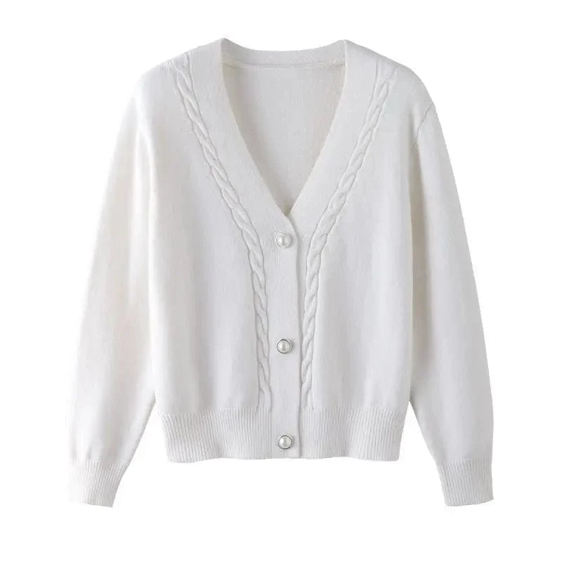2024 New Fashion Women Girls White Spring Autumn Sweater Cardigan Jacket Long Sleeve V-neck Button Casual Tops Knitwear Sweater