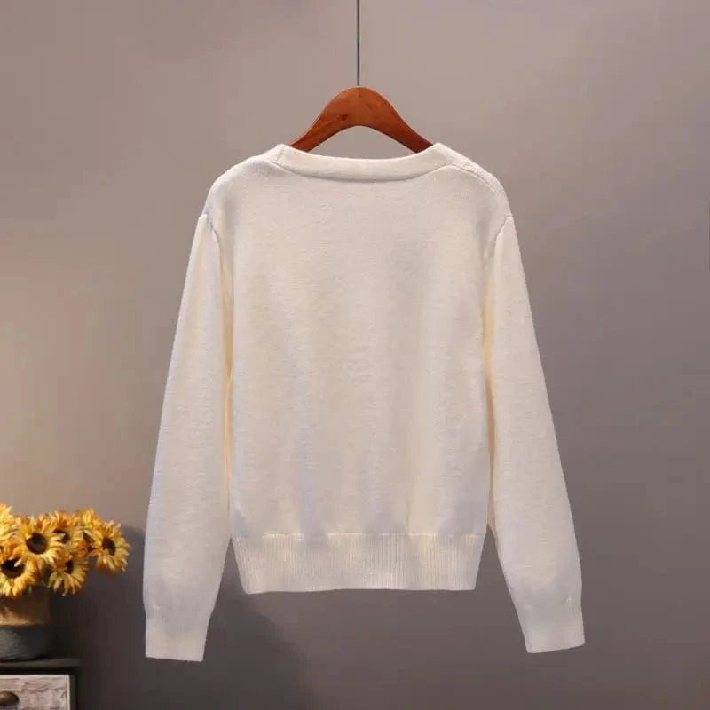 2024 New Fashion Women Girls White Spring Autumn Sweater Cardigan Jacket Long Sleeve V-neck Button Casual Tops Knitwear Sweater