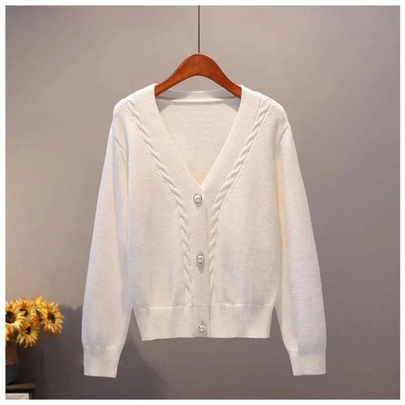 2024 New Fashion Women Girls White Spring Autumn Sweater Cardigan Jacket Long Sleeve V-neck Button Casual Tops Knitwear Sweater