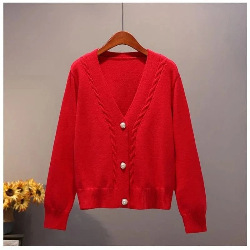 2024 New Fashion Women Girls White Spring Autumn Sweater Cardigan Jacket Long Sleeve V-neck Button Casual Tops Knitwear Sweater