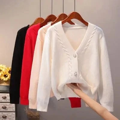 2024 New Fashion Women Girls White Spring Autumn Sweater Cardigan Jacket Long Sleeve V-neck Button Casual Tops Knitwear Sweater