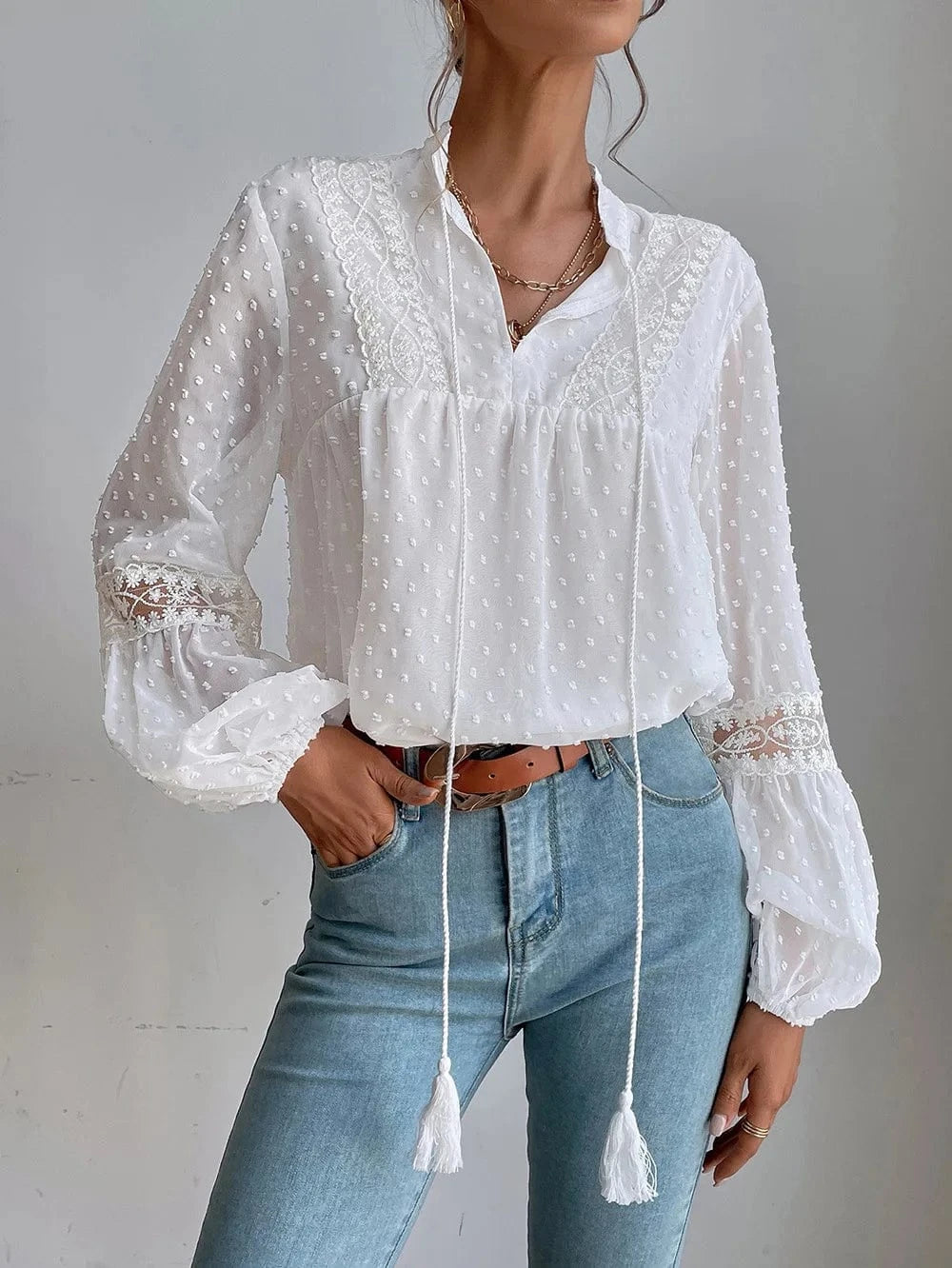 2024 New Fashion Women Lady Autumn Long Sleeve Stand Collar Pullover Wave Point Chiffon Lace Patchwork Loose Casual Shirt