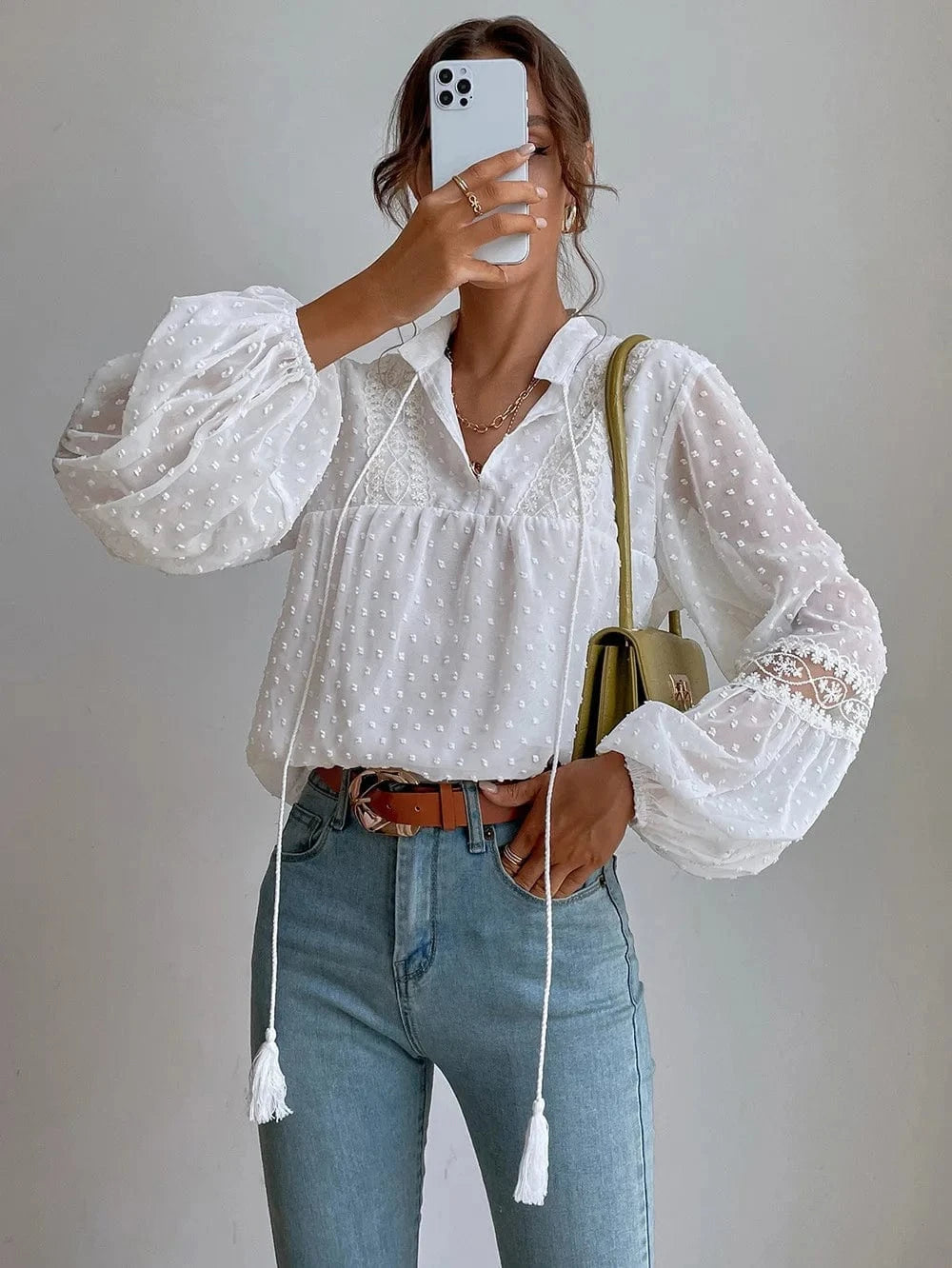 2024 New Fashion Women Lady Autumn Long Sleeve Stand Collar Pullover Wave Point Chiffon Lace Patchwork Loose Casual Shirt