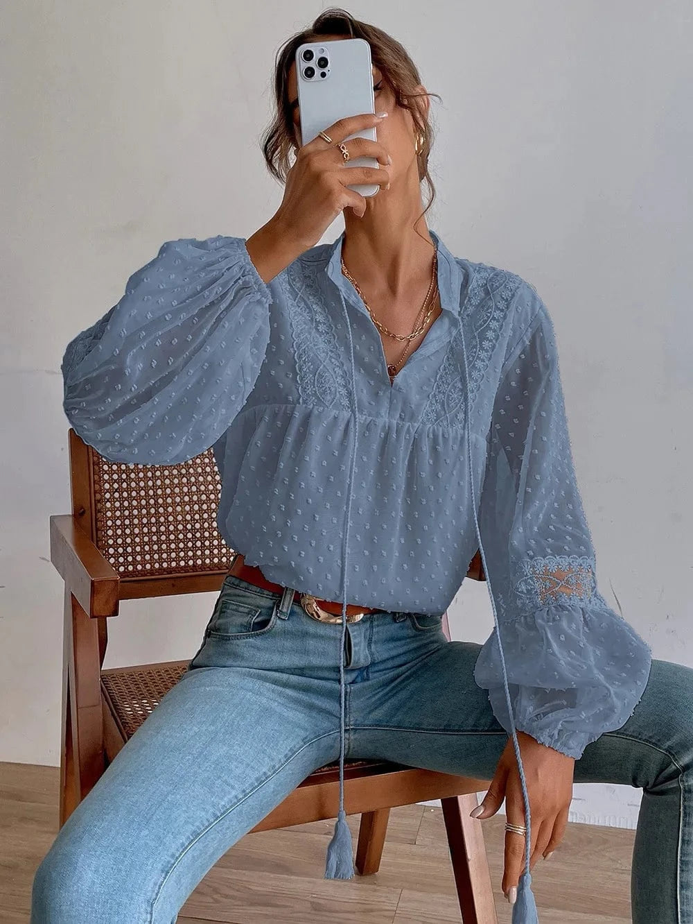 2024 New Fashion Women Lady Autumn Long Sleeve Stand Collar Pullover Wave Point Chiffon Lace Patchwork Loose Casual Shirt