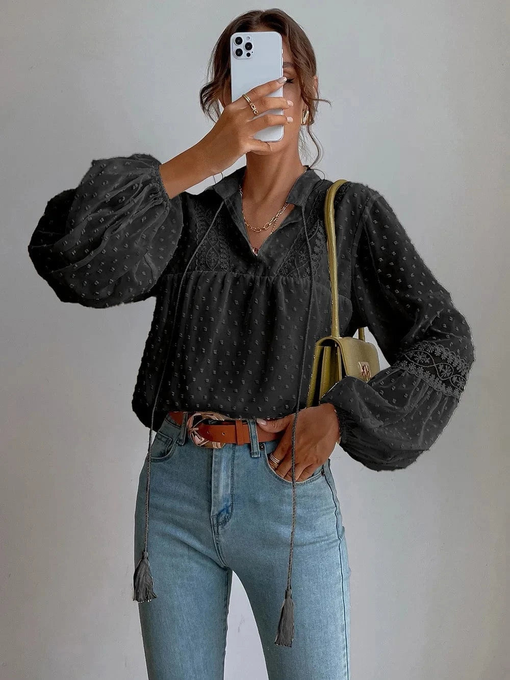 2024 New Fashion Women Lady Autumn Long Sleeve Stand Collar Pullover Wave Point Chiffon Lace Patchwork Loose Casual Shirt