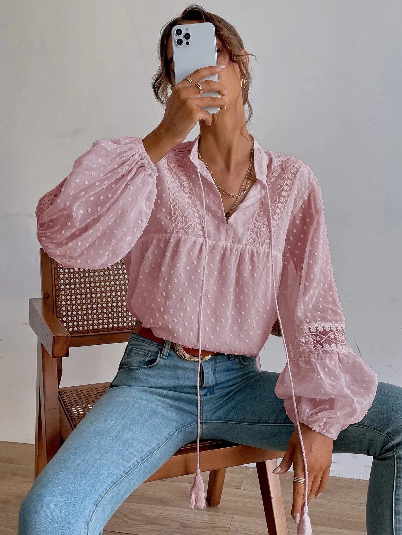 2024 New Fashion Women Lady Autumn Long Sleeve Stand Collar Pullover Wave Point Chiffon Lace Patchwork Loose Casual Shirt