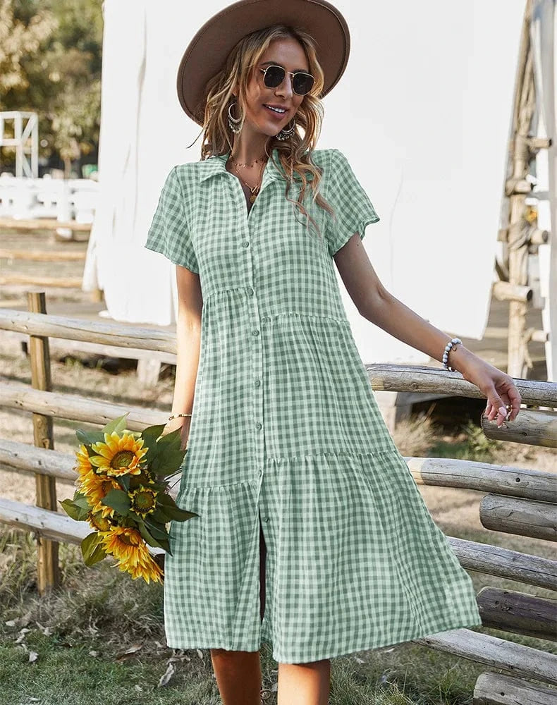 2024 New Fashion Women Lady Girls Summer Short Sleeve Long Dress Lapel Button Plaid Dress Shirt Collar Casual Shirt Dress