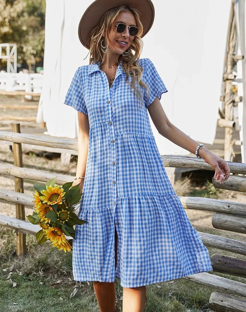 2024 New Fashion Women Lady Girls Summer Short Sleeve Long Dress Lapel Button Plaid Dress Shirt Collar Casual Shirt Dress
