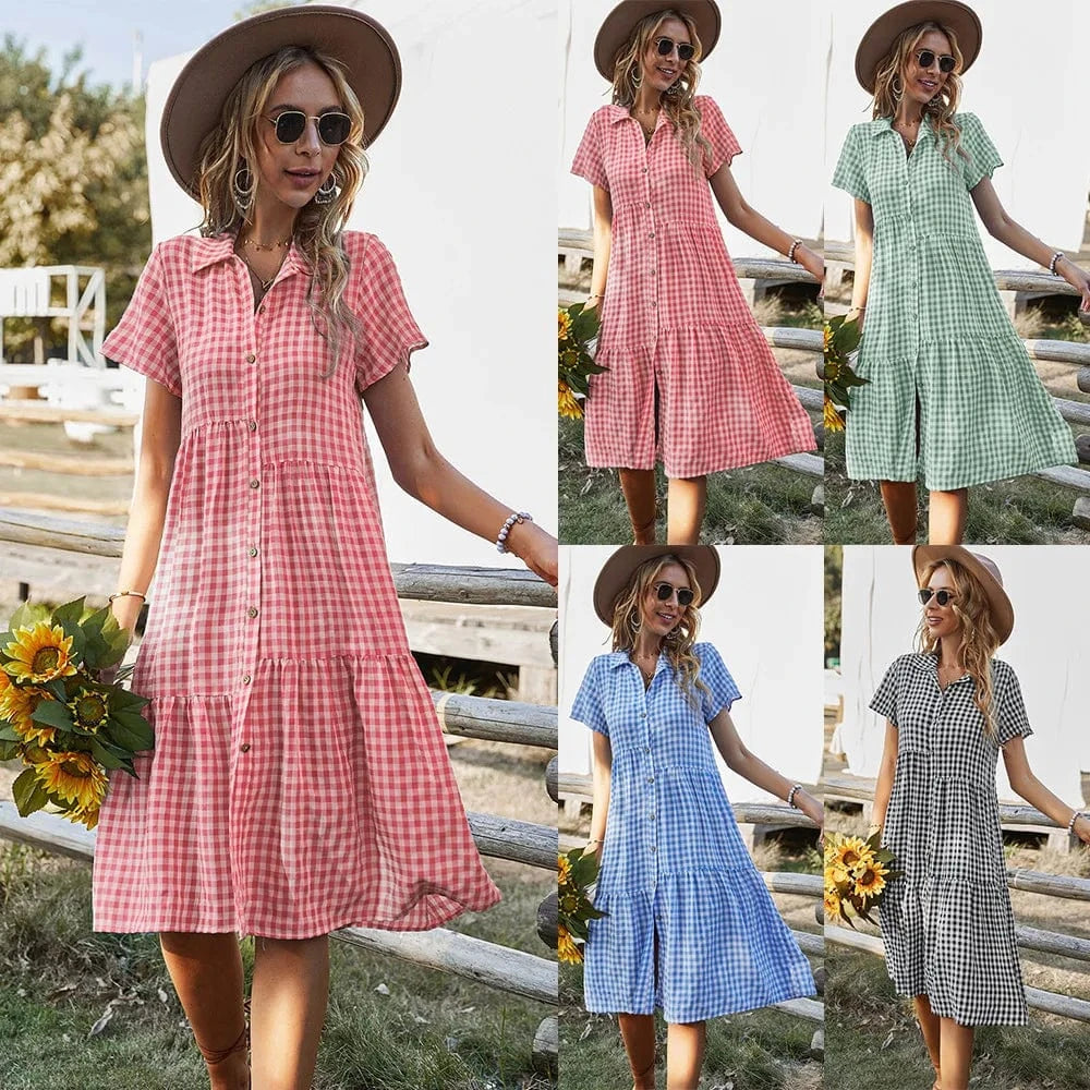 2024 New Fashion Women Lady Girls Summer Short Sleeve Long Dress Lapel Button Plaid Dress Shirt Collar Casual Shirt Dress