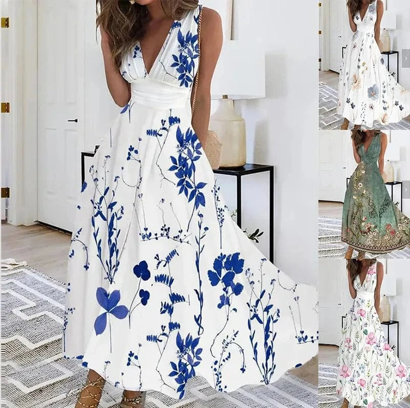 2024 New Fashion Women Lady Summer Sleeveless V-neck Pullover Floral Fashion Printed High-waisted Sexy Tank Top Dress
