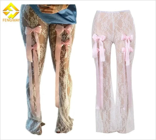2024 New  Fashion Women  pants Bow Tie Trousers sexy white Slim Fit Perspective High Waist Lace Pants