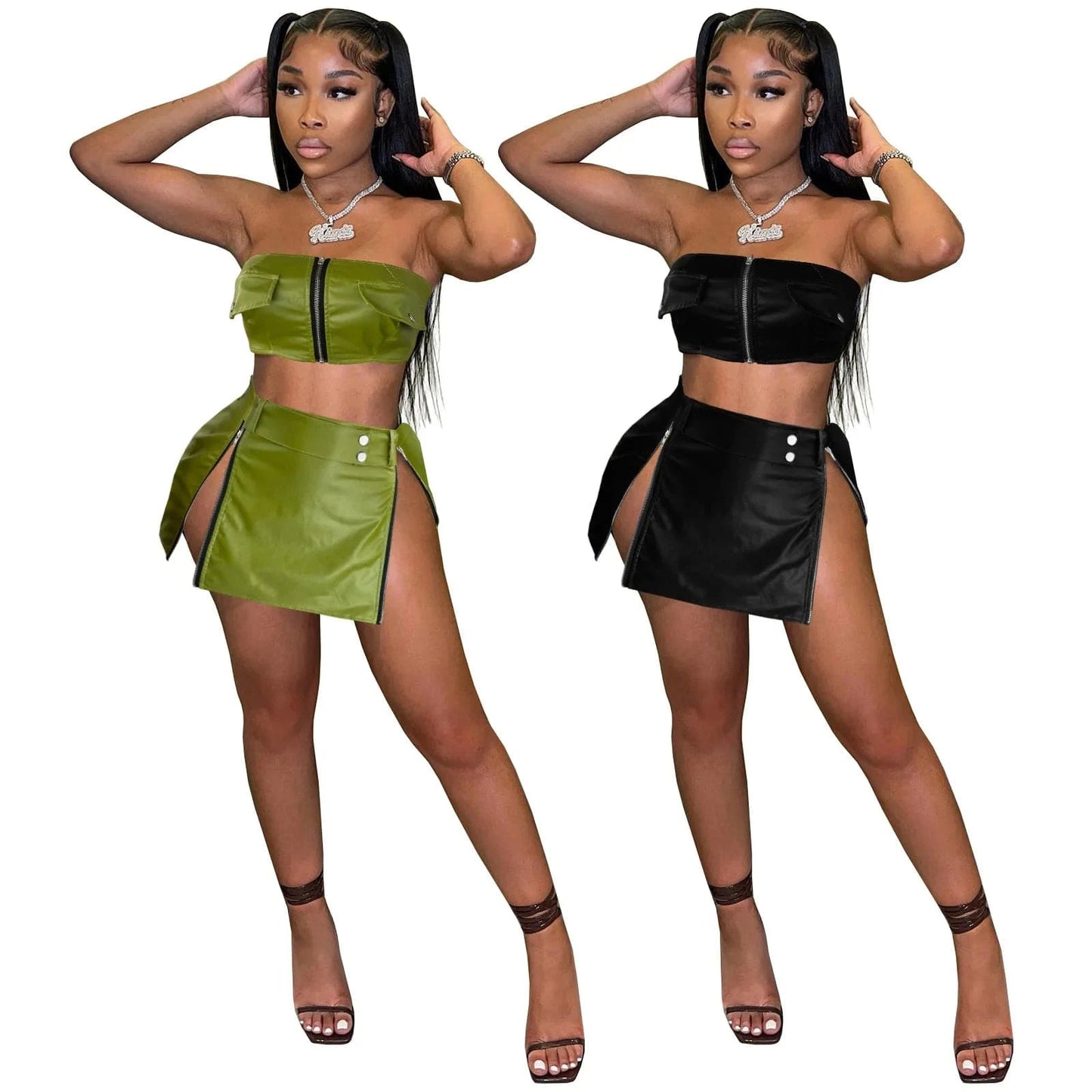 2024 New fashion Women Summer Sexy Dress 2 Two Piece Sets Skirt Sleeveless Strapless Crop Zipper Top+mini Skirts Pu Leather Sets