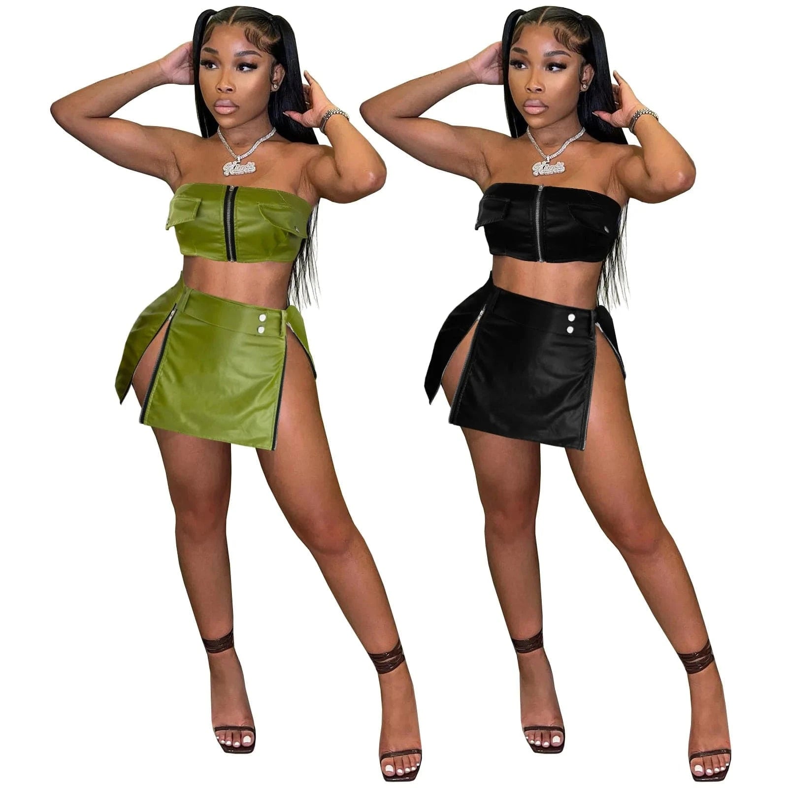 2024 New fashion Women Summer Sexy Dress 2 Two Piece Sets Skirt Sleeveless Strapless Crop Zipper Top+mini Skirts Pu Leather Sets